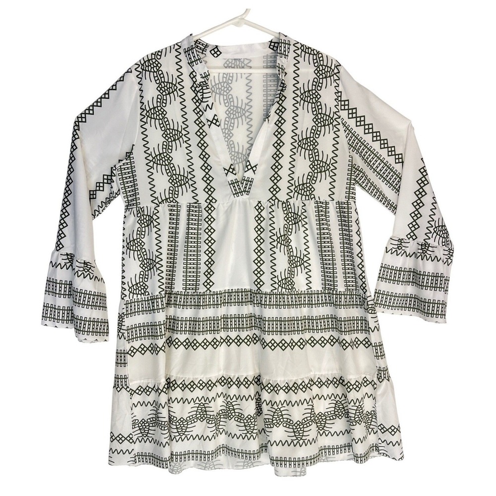 Olive Green White Geometric Tribal Print Tiered Mini Dress Bell Sleeve V-Neck